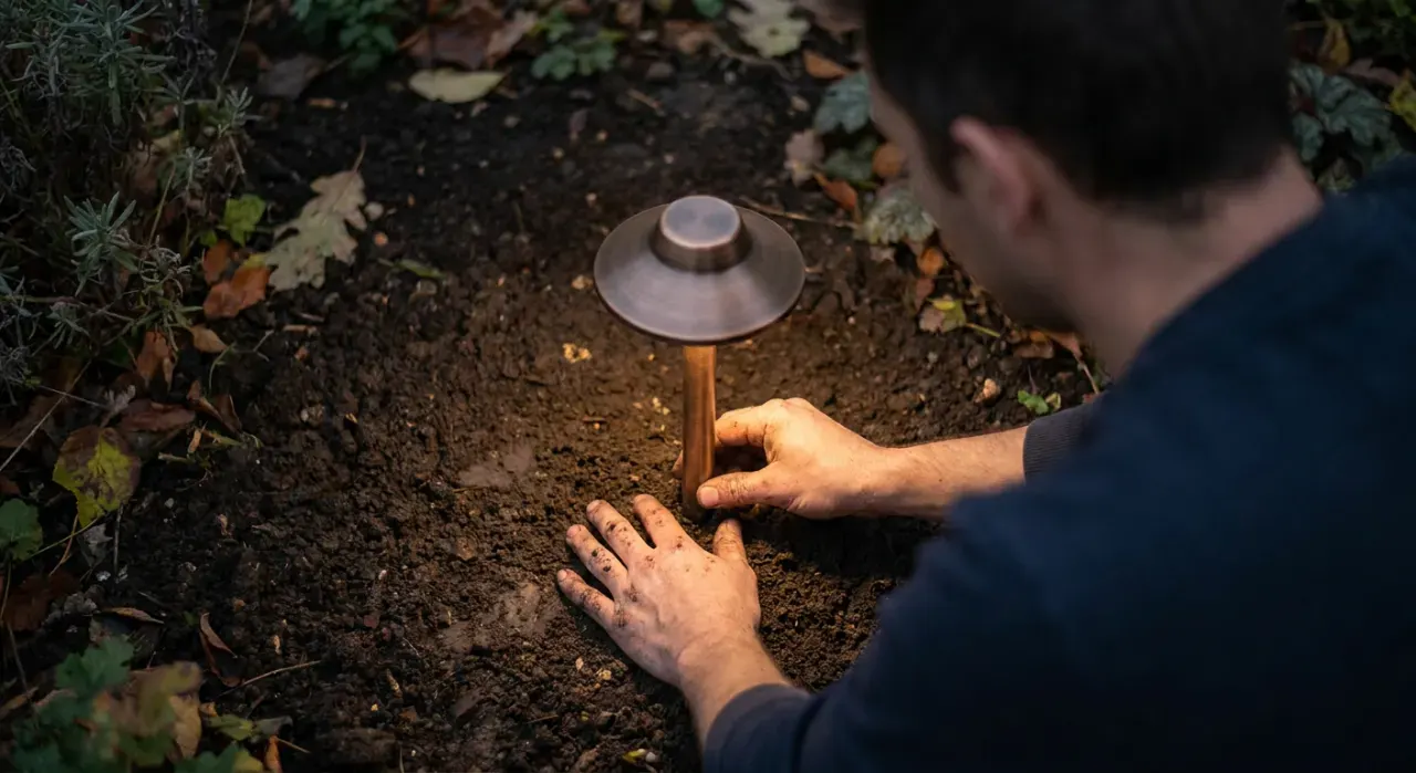Overhead view of a person pushing a small path light into garden soil at dusk, warm glow