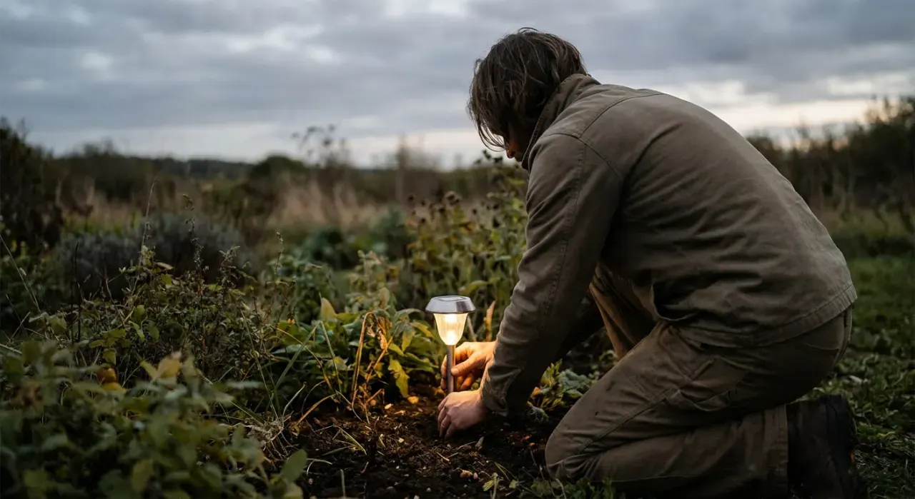 Wide environmental view of a person pushing a small path light into garden soil at dusk, warm glow
