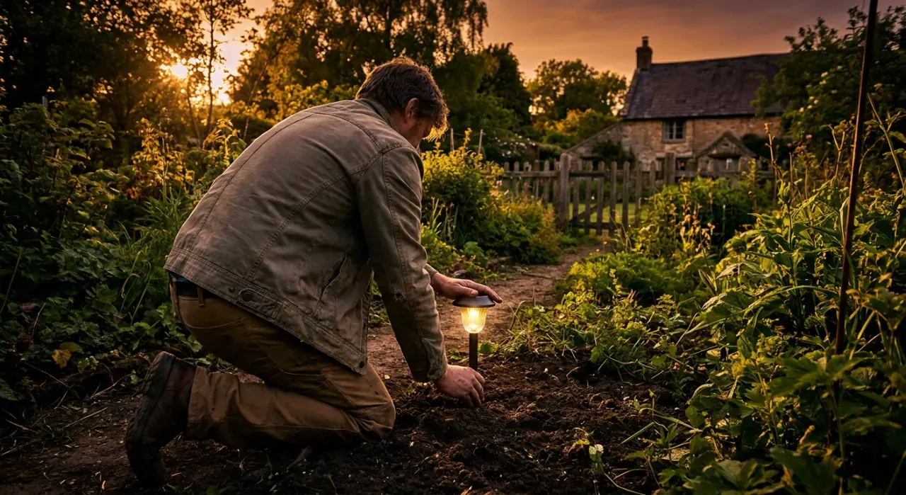 Wide view of a person pushing a small path light into garden soil at dusk, warm glow
