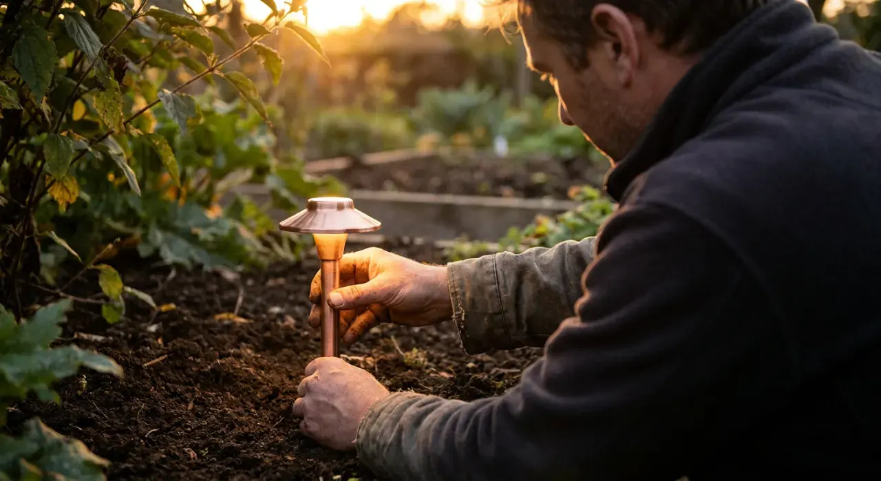Over-the-shoulder view of a person pushing a small path light into garden soil at dusk, warm glow