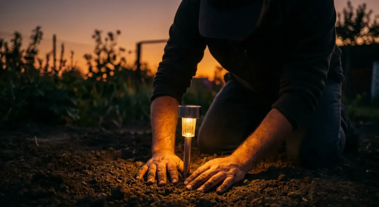 Low-angle view of a person pushing a small path light into garden soil at dusk, warm glow