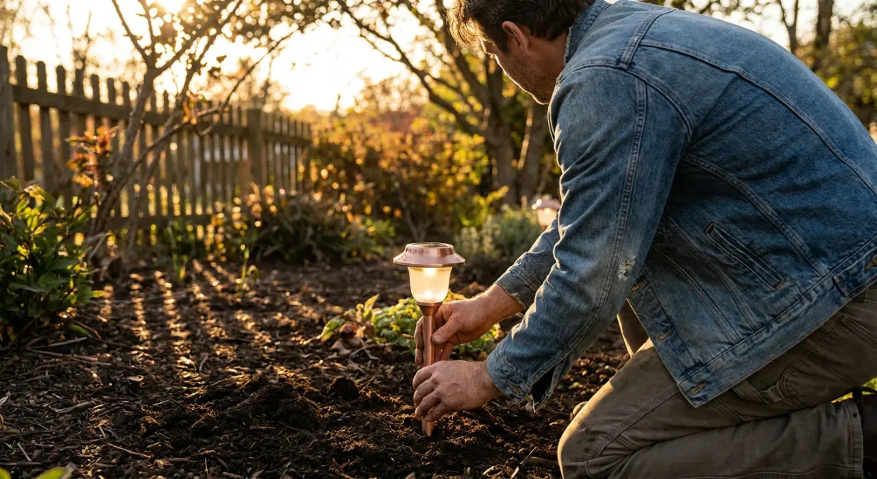 Golden-hour view of a person pushing a small path light into garden soil at dusk, warm glow