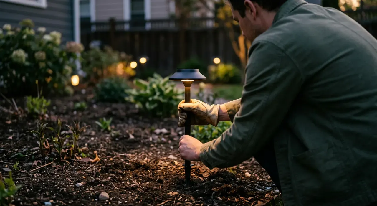 Three-quarter view of a person pushing a small path light into garden soil at dusk, warm glow