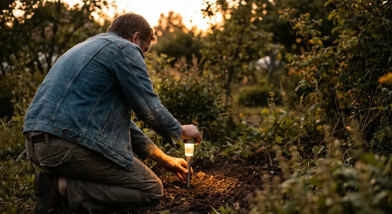 Wide environmental view of a person pushing a small path light into garden soil at dusk, warm glow