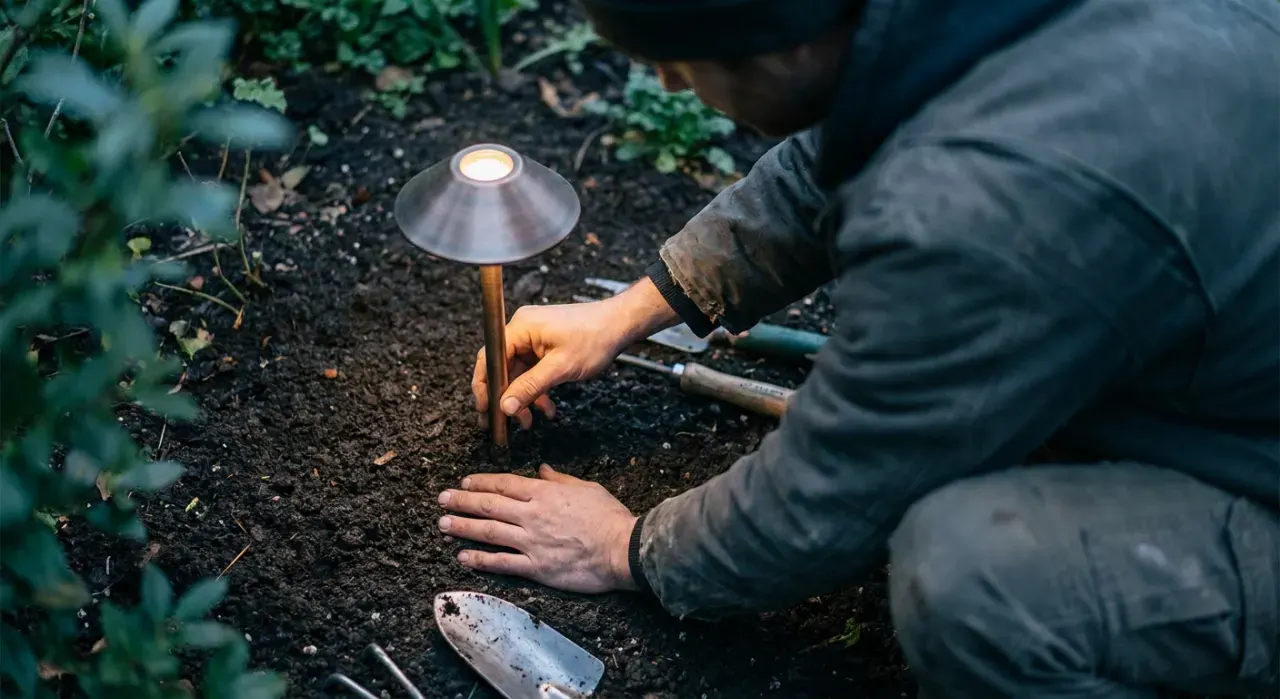 Overhead view of a person pushing a small path light into garden soil at dusk, warm glow