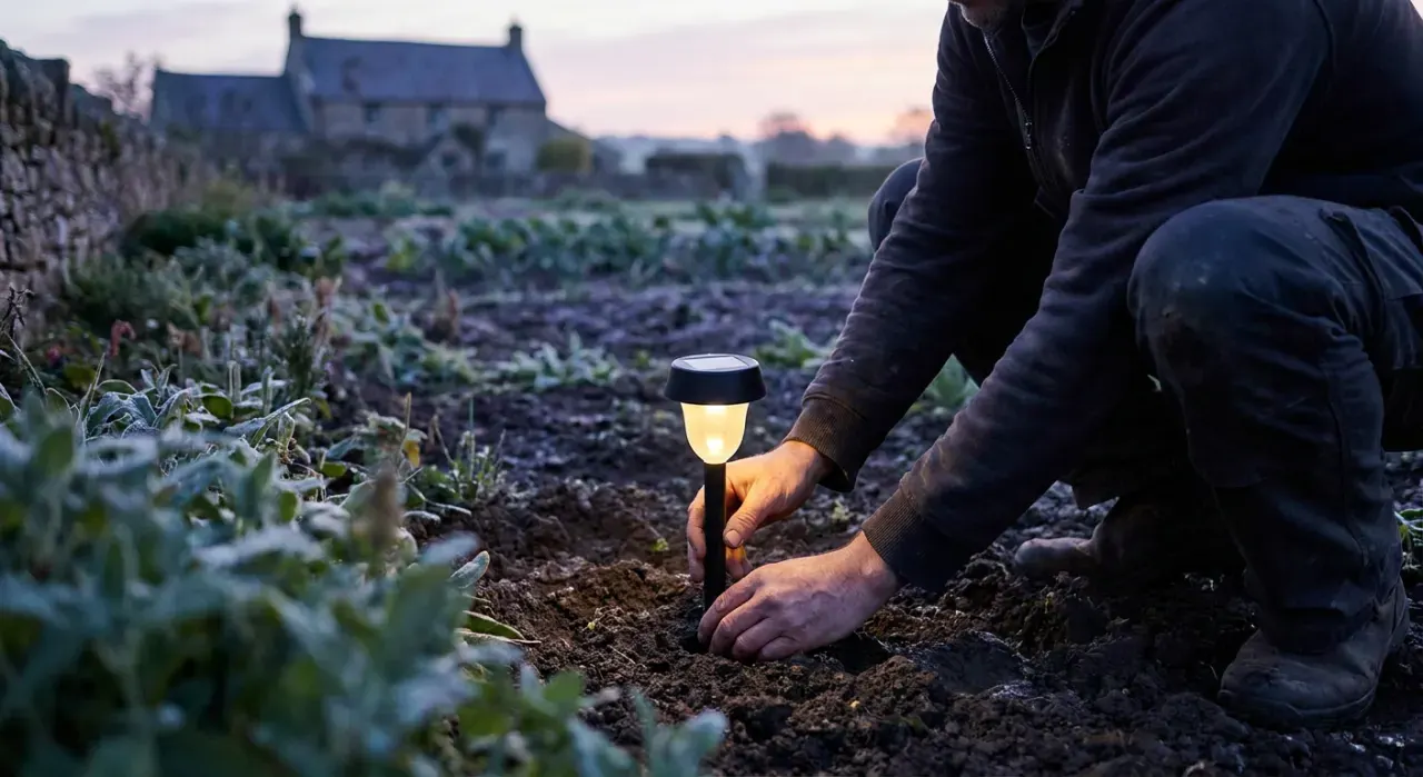 Wide environmental view of a person pushing a small path light into garden soil at dusk, warm glow