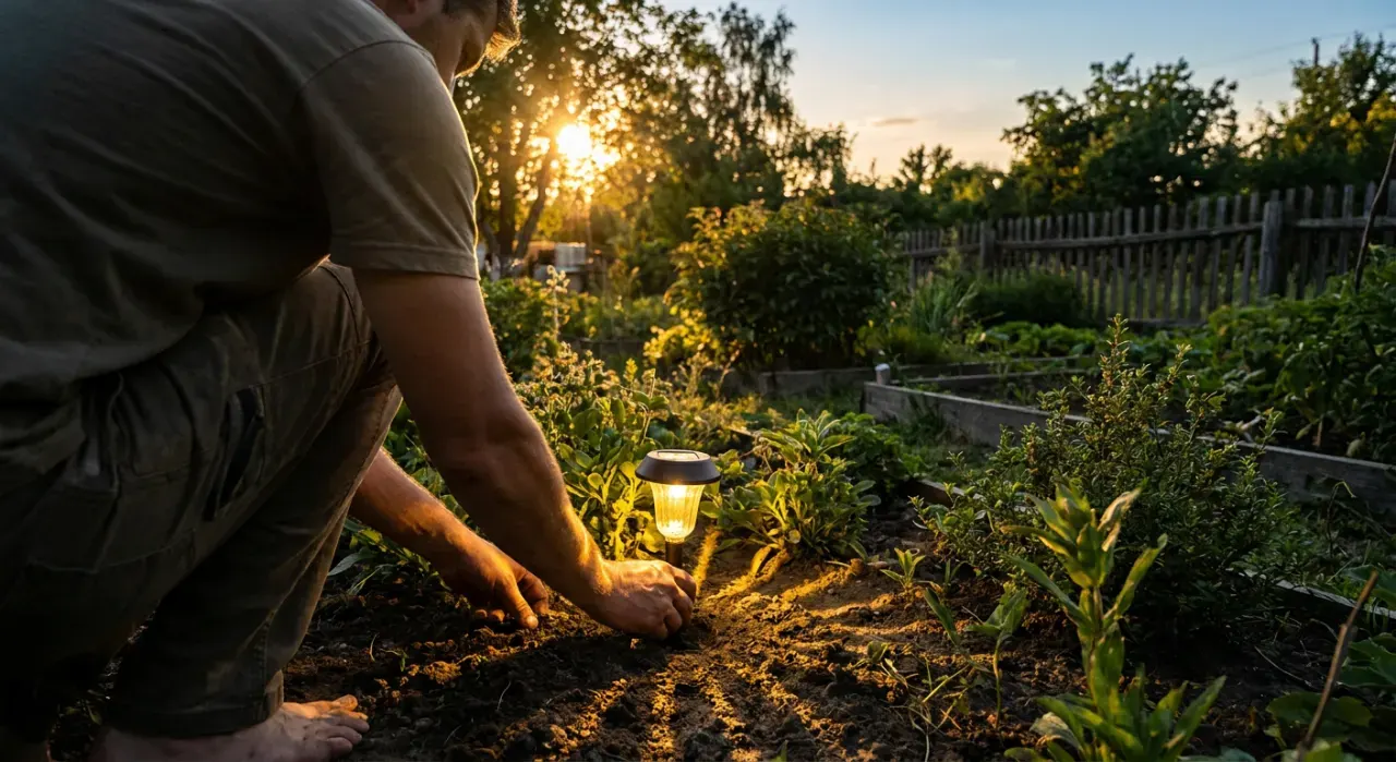 Wide view of a person pushing a small path light into garden soil at dusk, warm glow