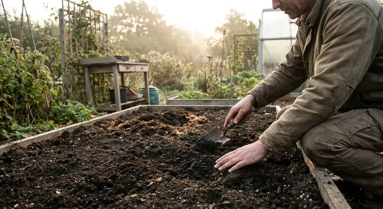 Wide view of a person's hands using a hand trowel to work compost into a garden bed, in soft early-morning light