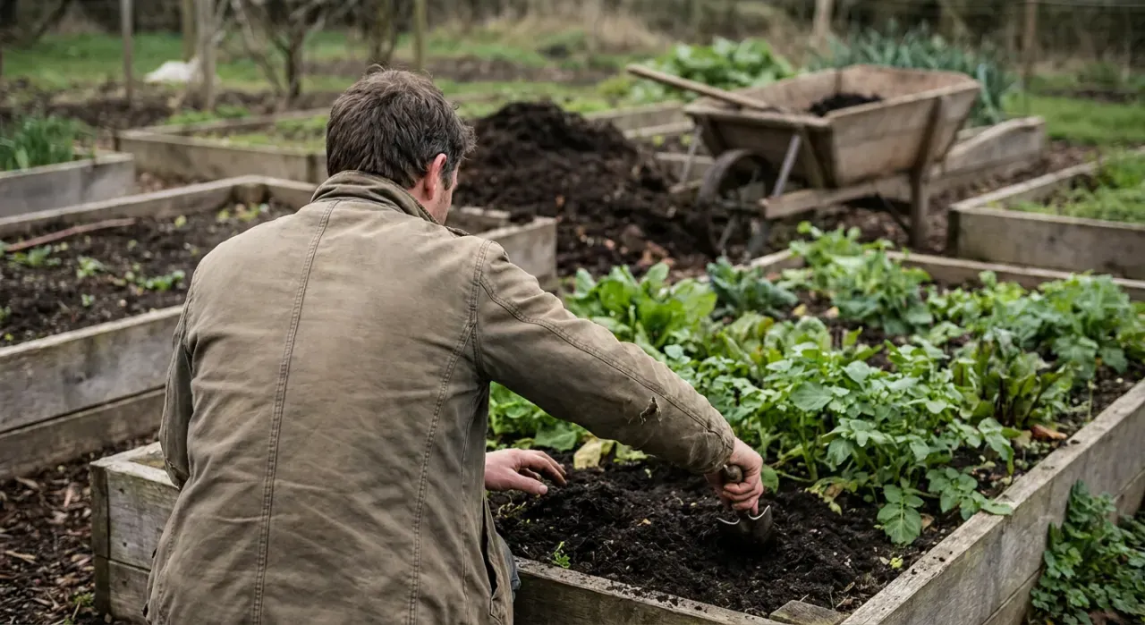 Wide view of a person's hands using a hand trowel to work compost into a garden bed, in soft overcast light