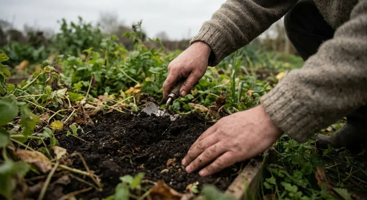 Over-the-shoulder view of a person's hands using a hand trowel to work compost into a garden bed, in soft overcast light