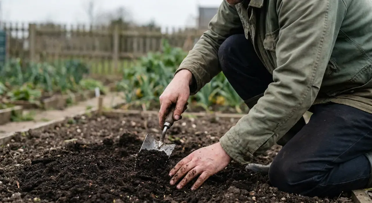 Three-quarter view of a person's hands using a hand trowel to work compost into a garden bed, in soft overcast light