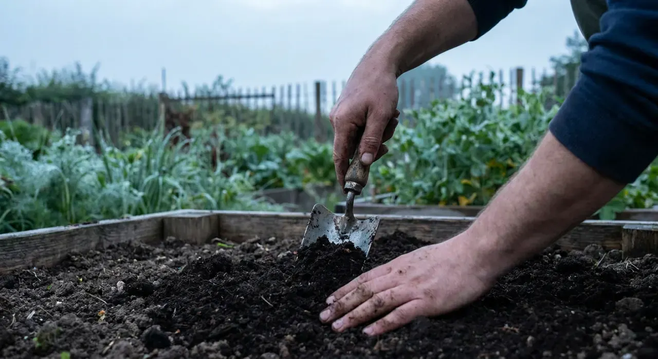 Over-the-shoulder view of a person's hands using a hand trowel to work compost into a garden bed, in soft early-morning light