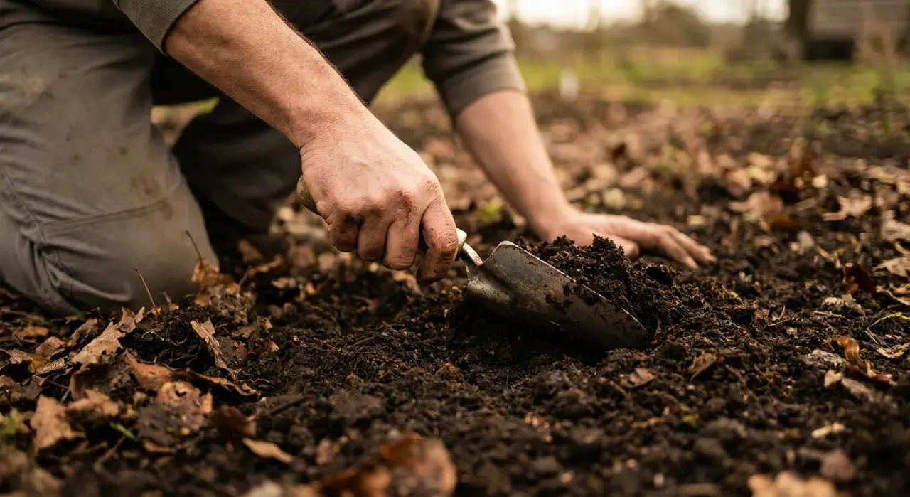 Low-angle view of a person's hands using a hand trowel to work compost into a garden bed, in soft overcast light
