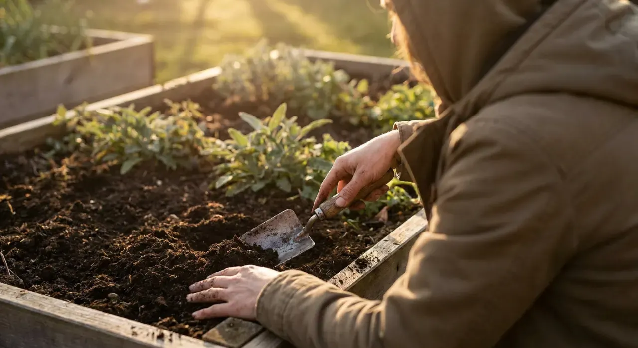 Golden-hour view of a person's hands using a hand trowel to work compost into a garden bed