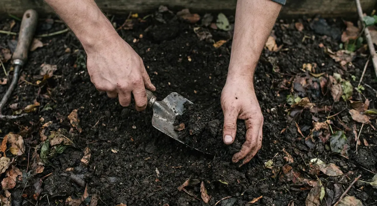 Overhead view of a person's hands using a hand trowel to work compost into a garden bed, in soft overcast light