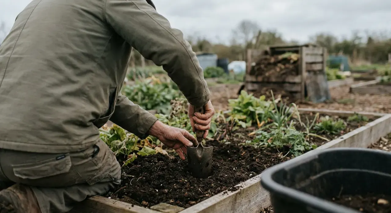 Wide environmental view of a person's hands using a hand trowel to work compost into a garden bed, in soft overcast light
