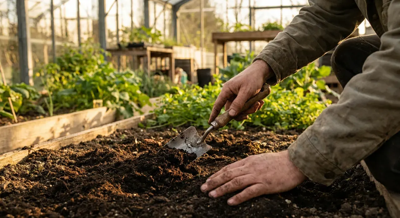Wide view of a person's hands using a hand trowel to work compost into a garden bed, in warm late-afternoon light
