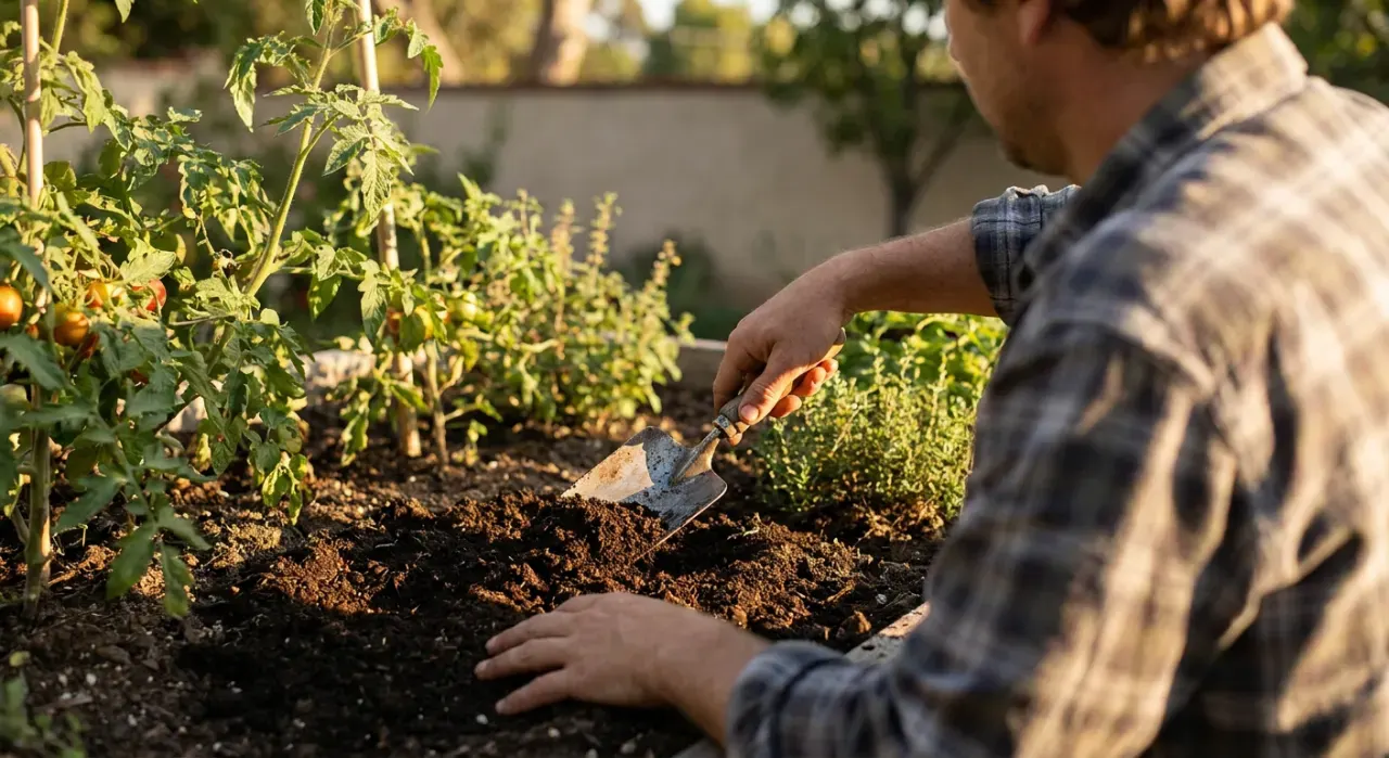 Over-the-shoulder view of a person's hands using a hand trowel to work compost into a garden bed, in warm late-afternoon light