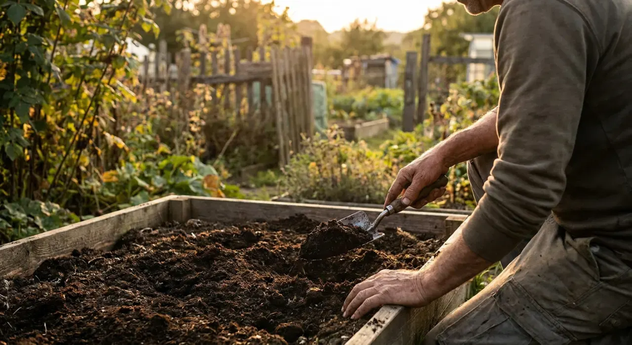Three-quarter view of a person's hands using a hand trowel to work compost into a garden bed, in warm late-afternoon light