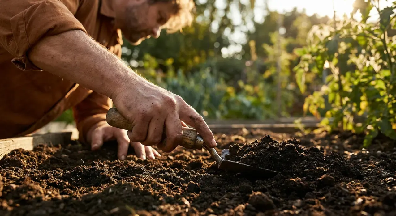 Low-angle view of a person's hands using a hand trowel to work compost into a garden bed, in warm late-afternoon light
