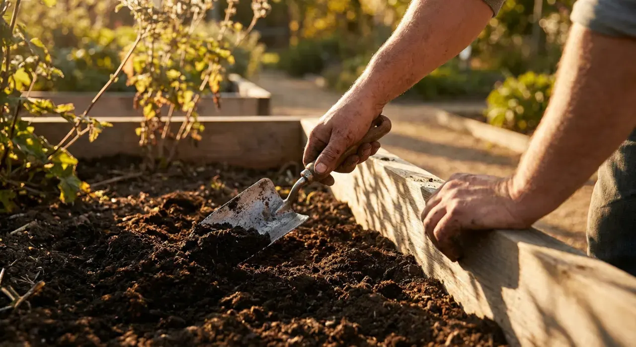 Golden-hour view of a person's hands using a hand trowel to work compost into a garden bed