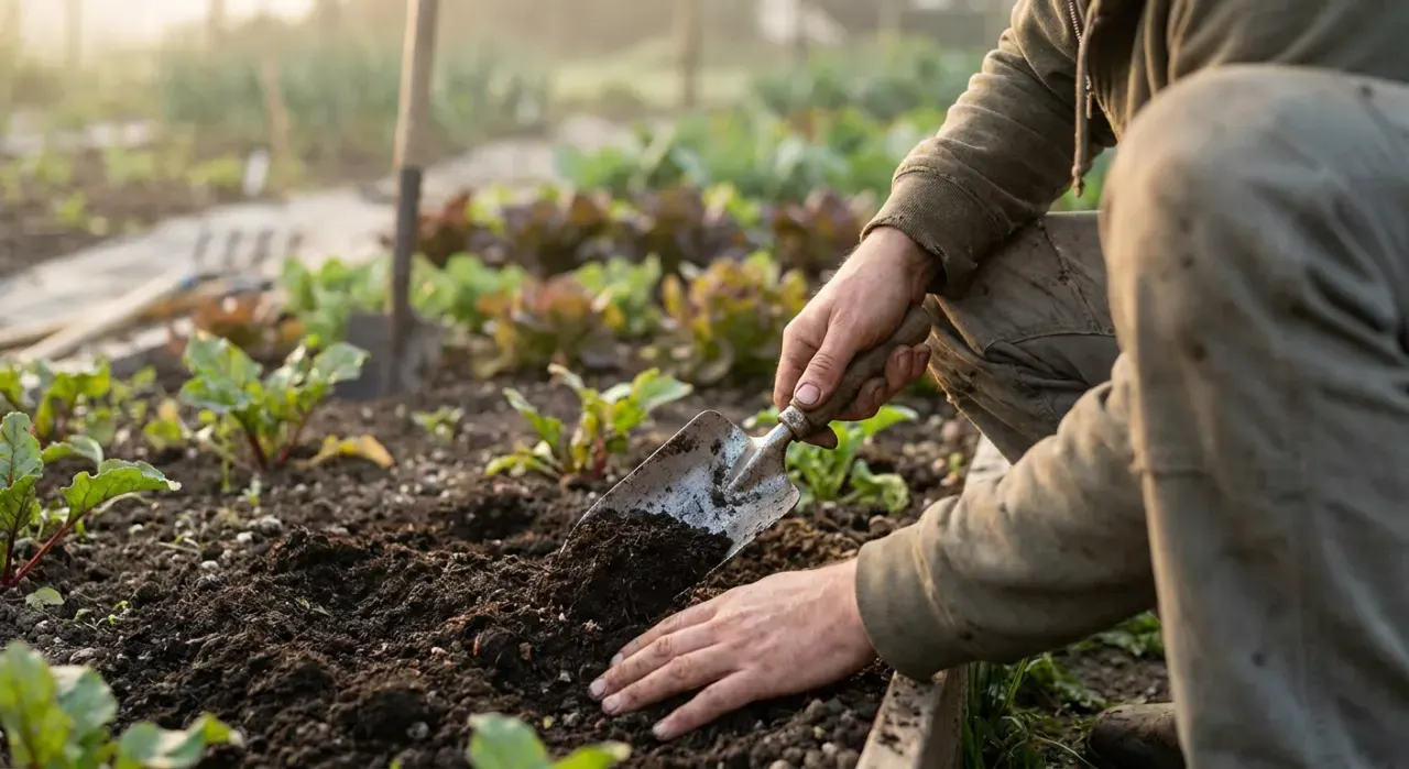 Three-quarter view of a person's hands using a hand trowel to work compost into a garden bed, in soft early-morning light