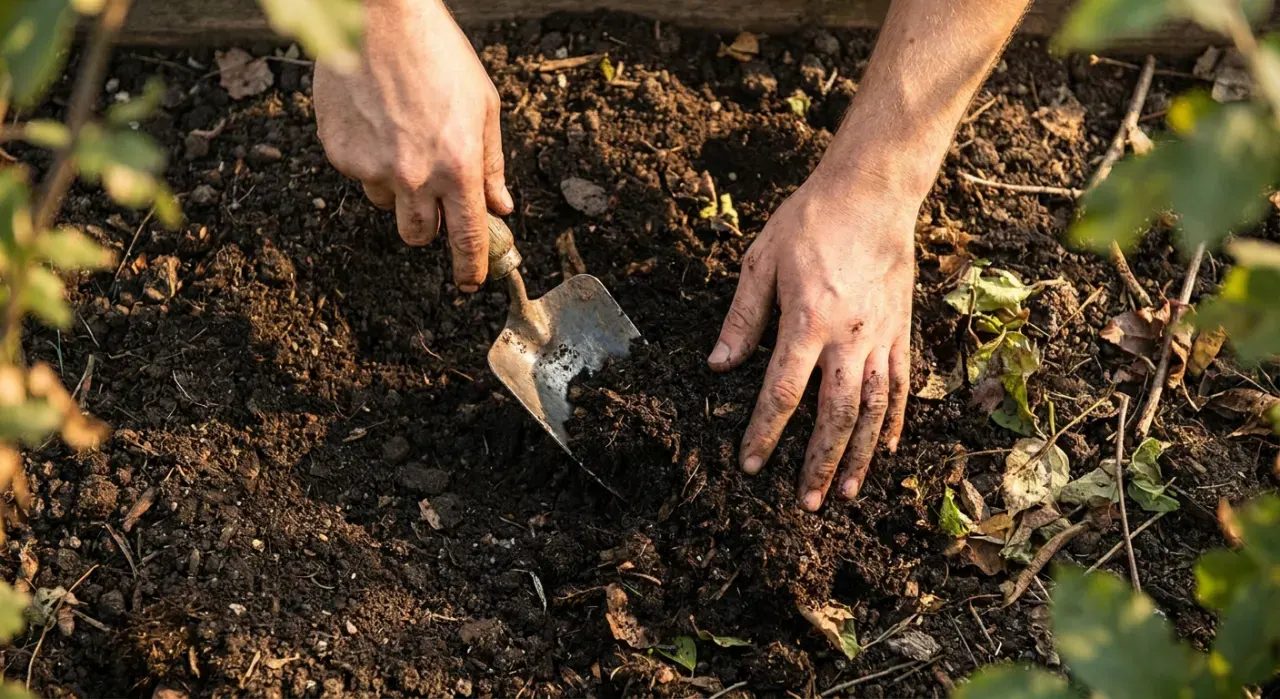 Overhead view of a person's hands using a hand trowel to work compost into a garden bed, in warm late-afternoon light