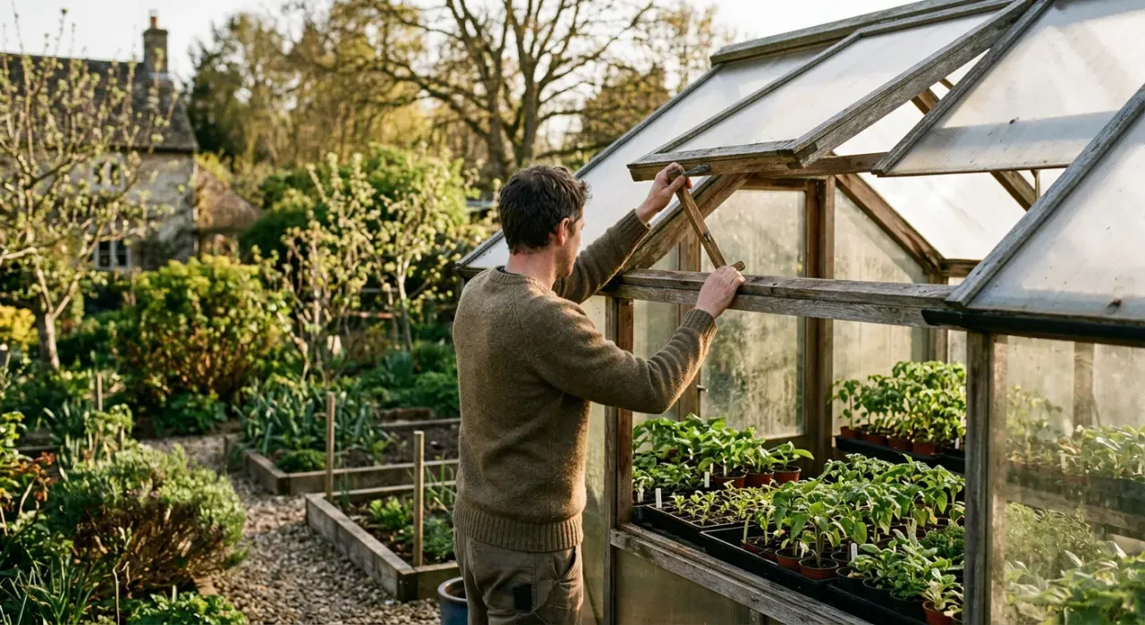 Wide view of a person opening the vent of a backyard greenhouse full of seedlings, in soft early-morning light