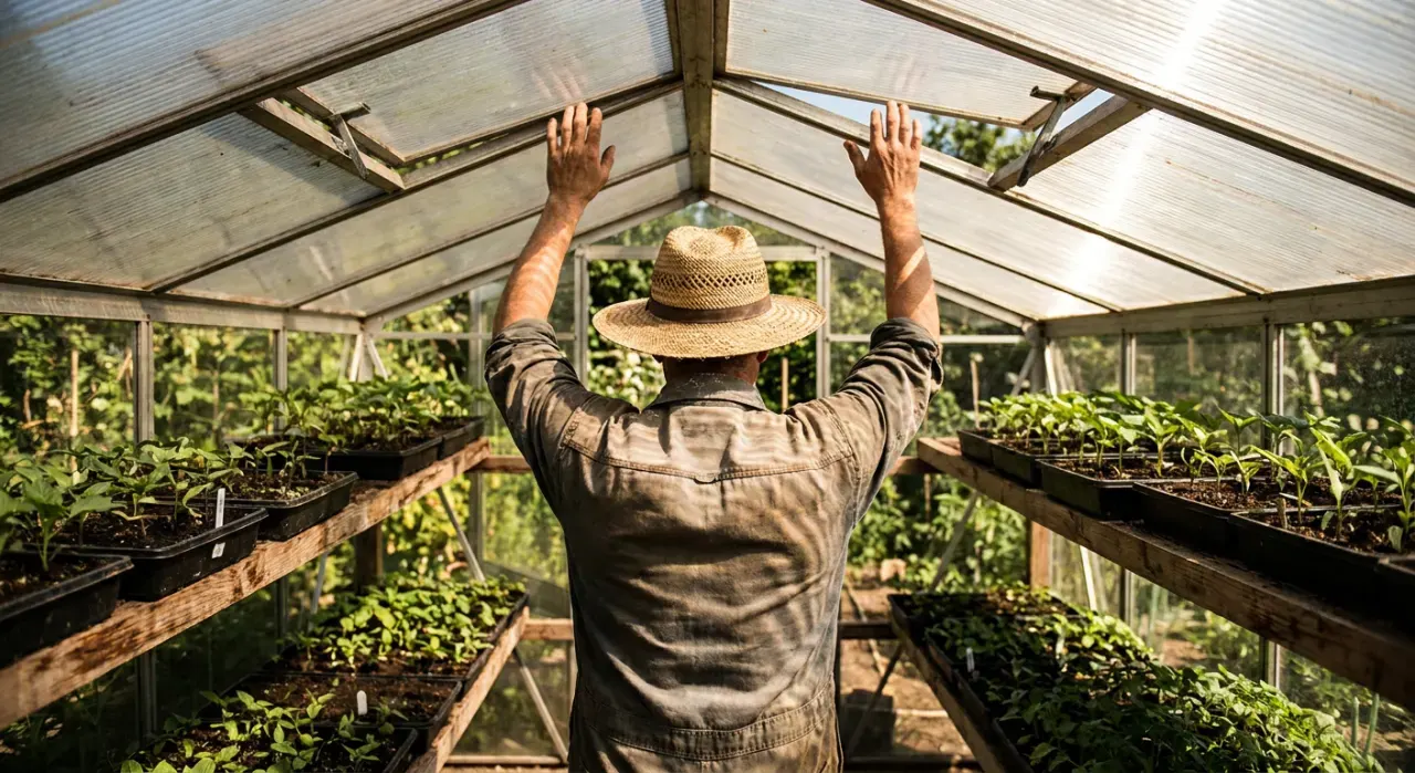 Wide environmental view of a person opening the vent of a backyard greenhouse full of seedlings, in bright midday sun