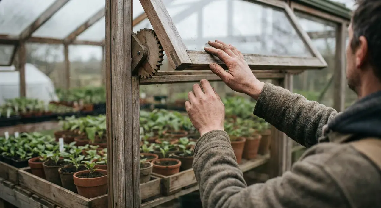 Over-the-shoulder view of a person opening the vent of a backyard greenhouse full of seedlings, in soft overcast light