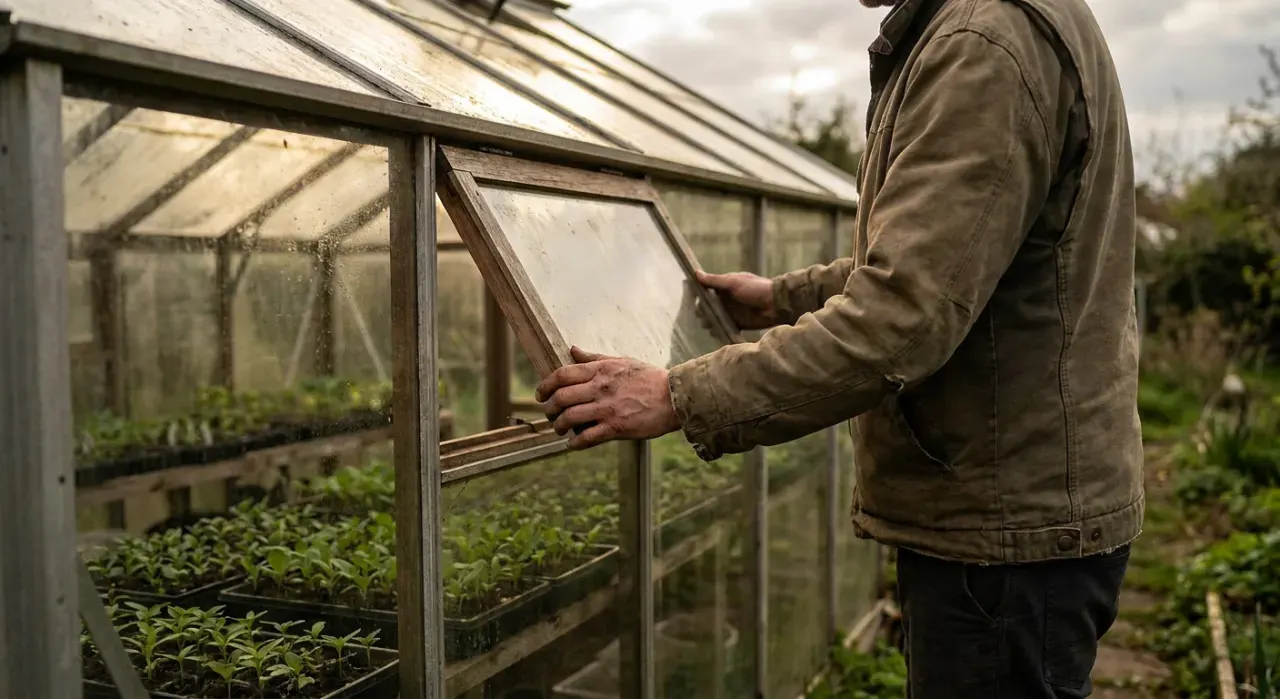 Three-quarter view of a person opening the vent of a backyard greenhouse full of seedlings, in soft overcast light