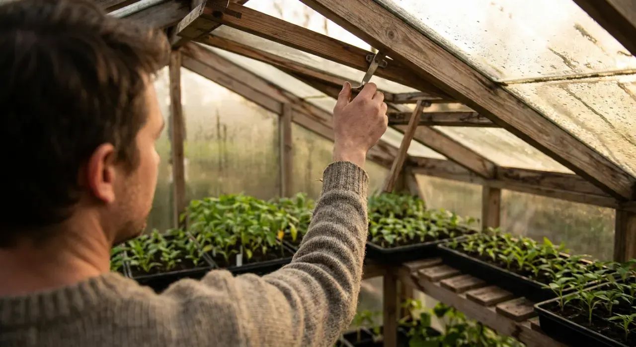 Over-the-shoulder view of a person opening the vent of a backyard greenhouse full of seedlings, in soft early-morning light