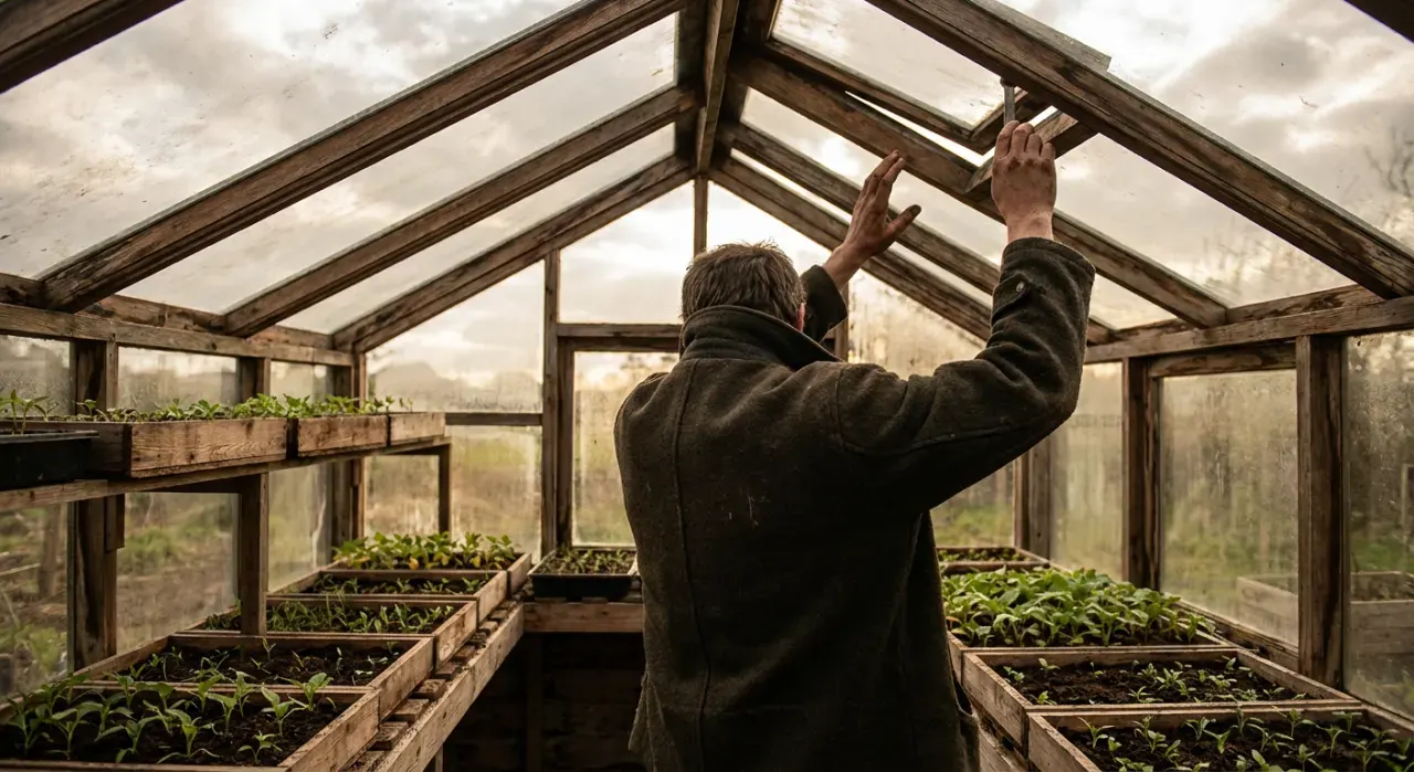 Low-angle view of a person opening the vent of a backyard greenhouse full of seedlings, in soft overcast light