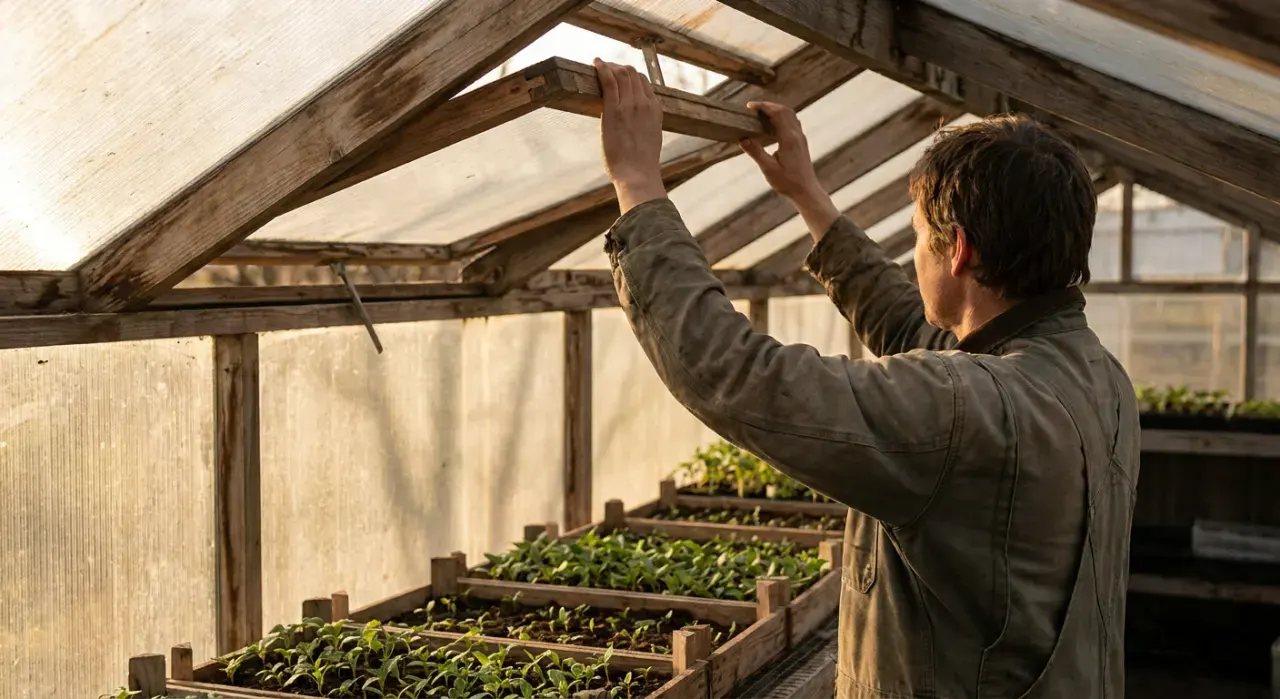 Golden-hour view of a person opening the vent of a backyard greenhouse full of seedlings