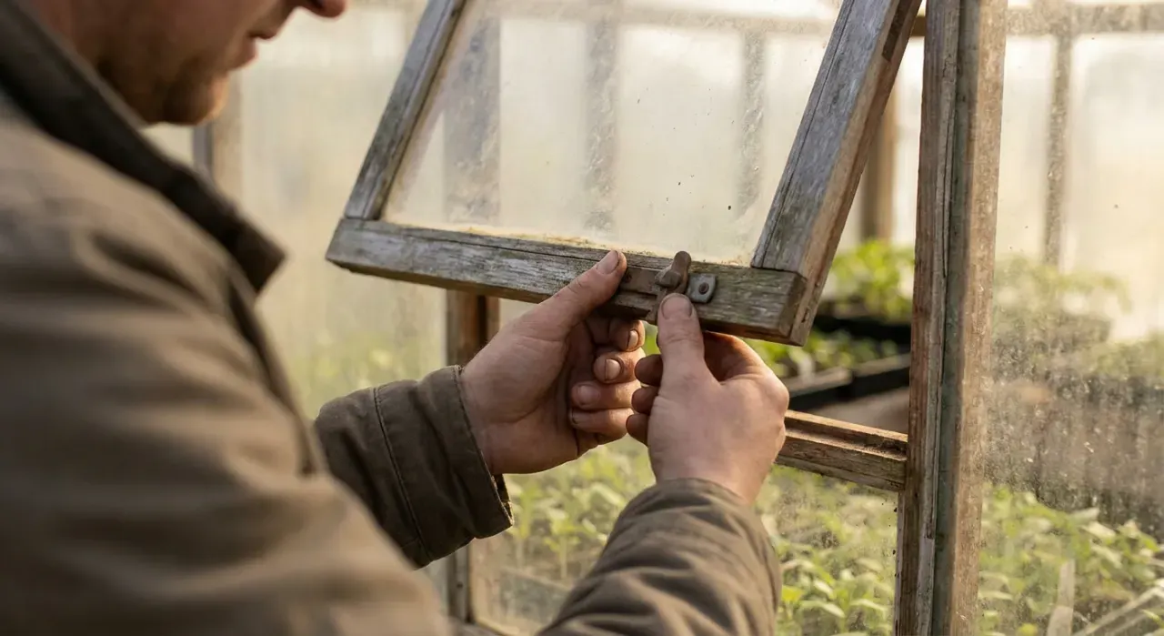 Close-up detail of the material being worked in a greenhouses & season extension project, in soft overcast light