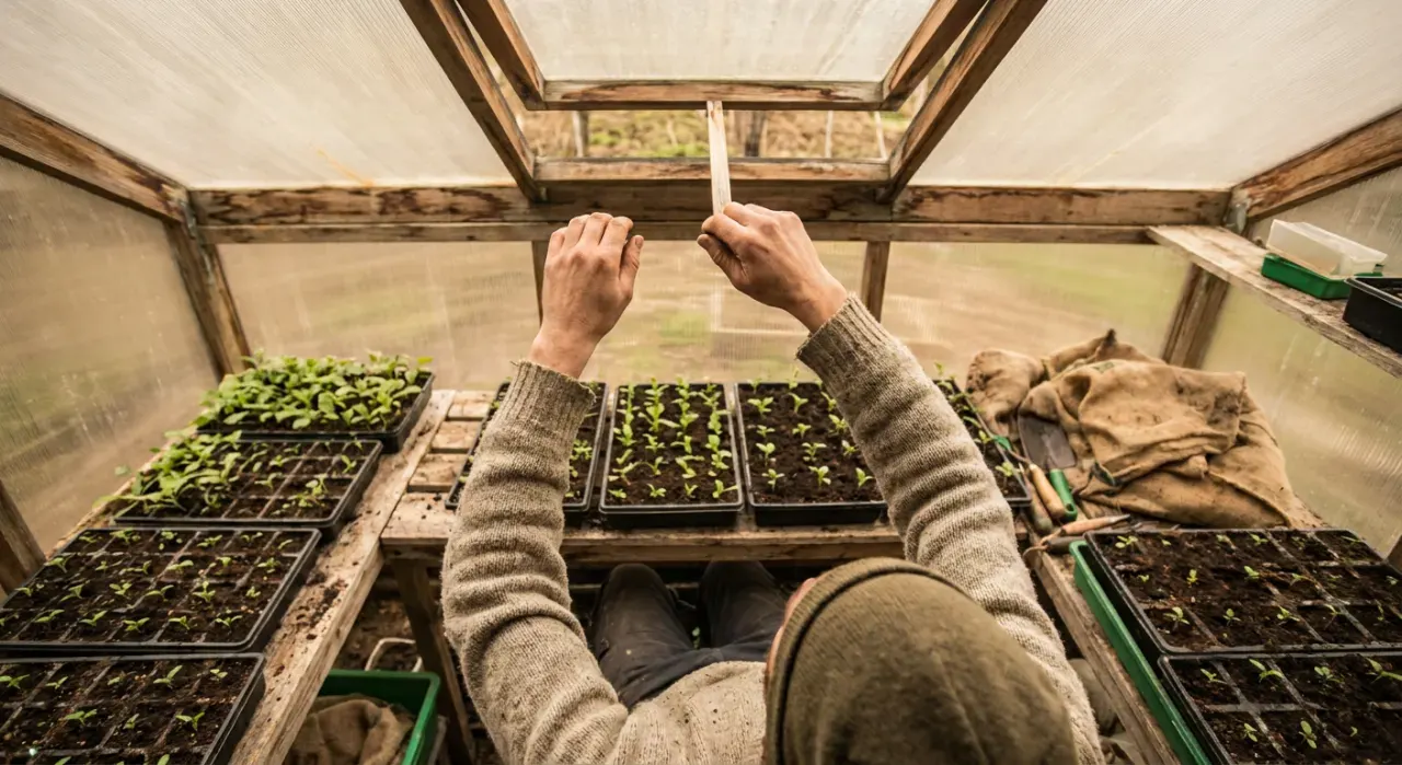 Overhead view of a person opening the vent of a backyard greenhouse full of seedlings, in soft overcast light
