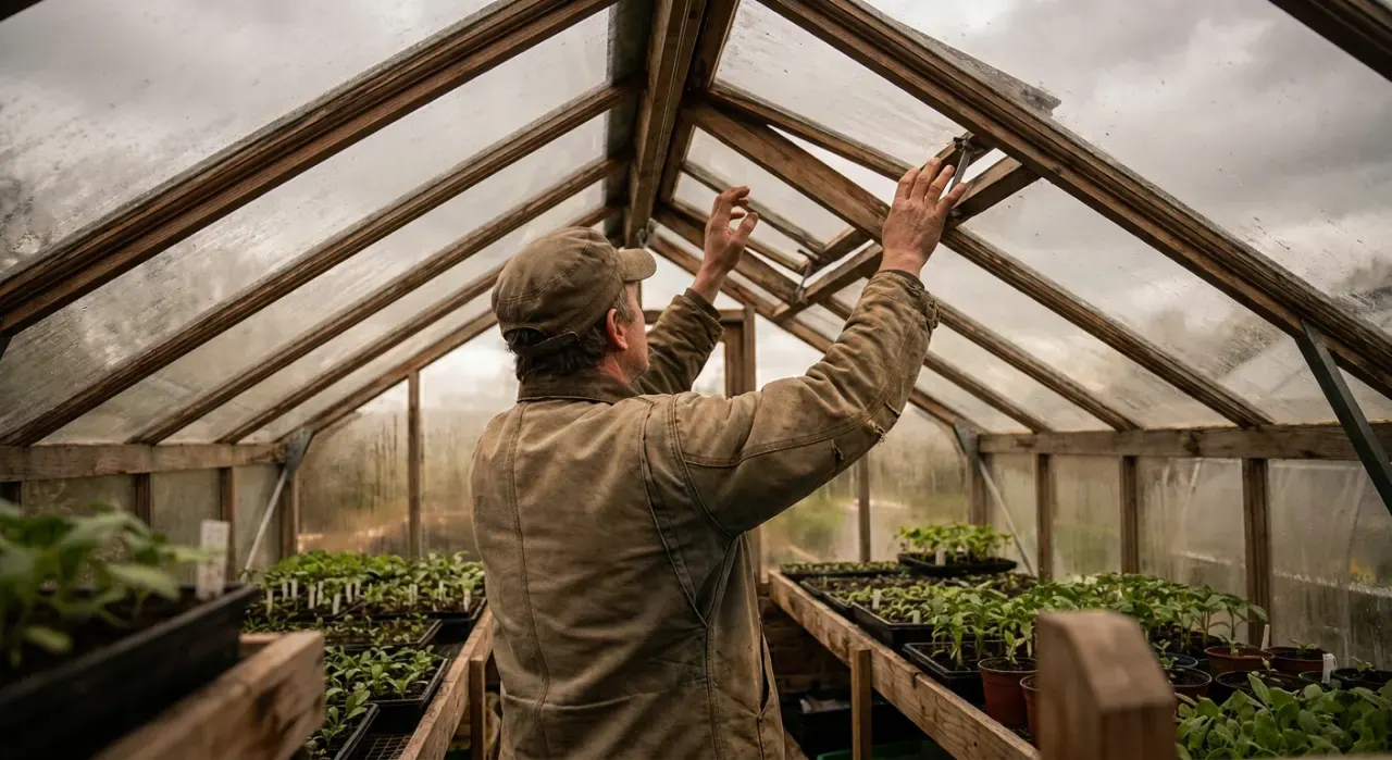 Wide environmental view of a person opening the vent of a backyard greenhouse full of seedlings, in soft overcast light
