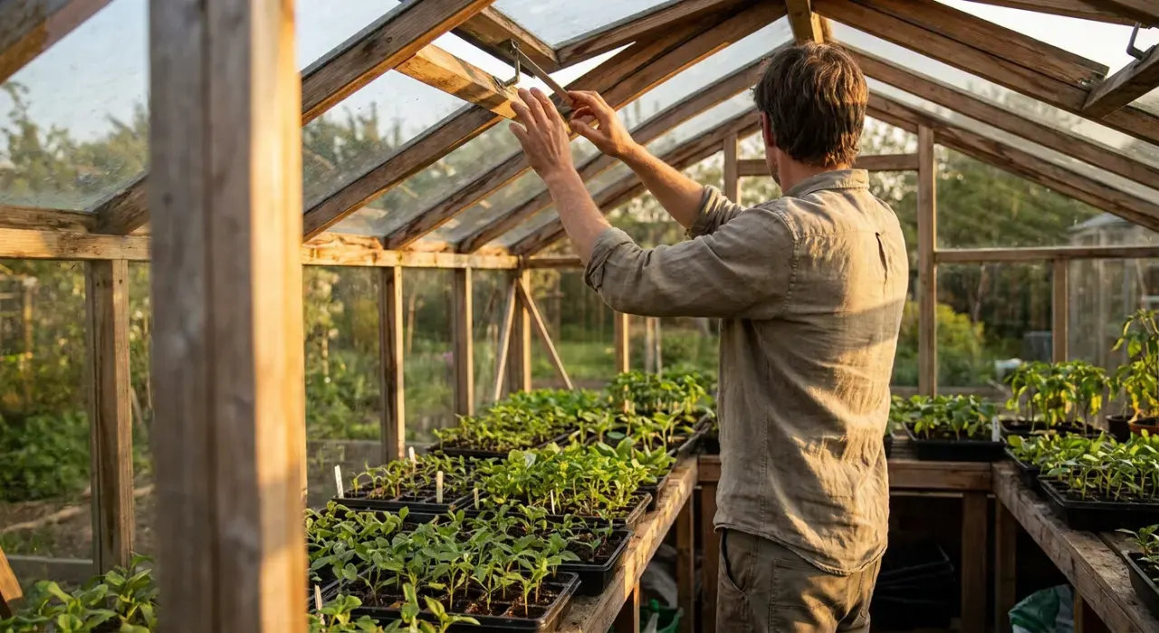 Wide view of a person opening the vent of a backyard greenhouse full of seedlings, in warm late-afternoon light