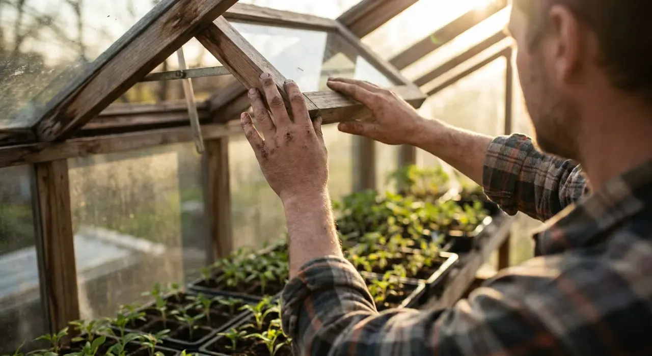 Over-the-shoulder view of a person opening the vent of a backyard greenhouse full of seedlings, in warm late-afternoon light