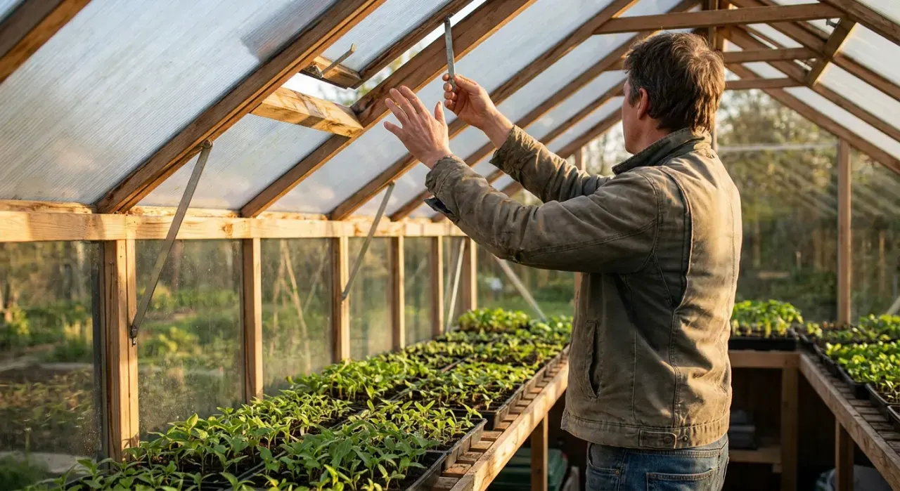 Three-quarter view of a person opening the vent of a backyard greenhouse full of seedlings, in warm late-afternoon light