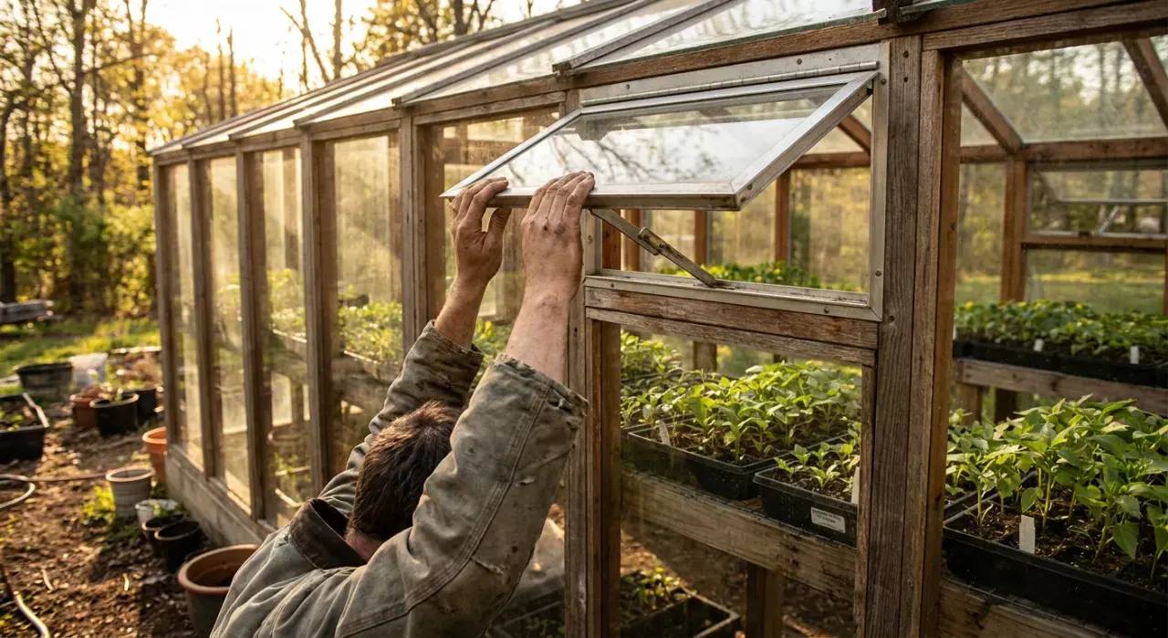 Low-angle view of a person opening the vent of a backyard greenhouse full of seedlings, in warm late-afternoon light