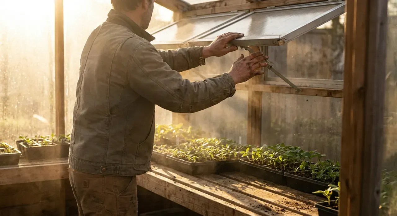 Golden-hour view of a person opening the vent of a backyard greenhouse full of seedlings