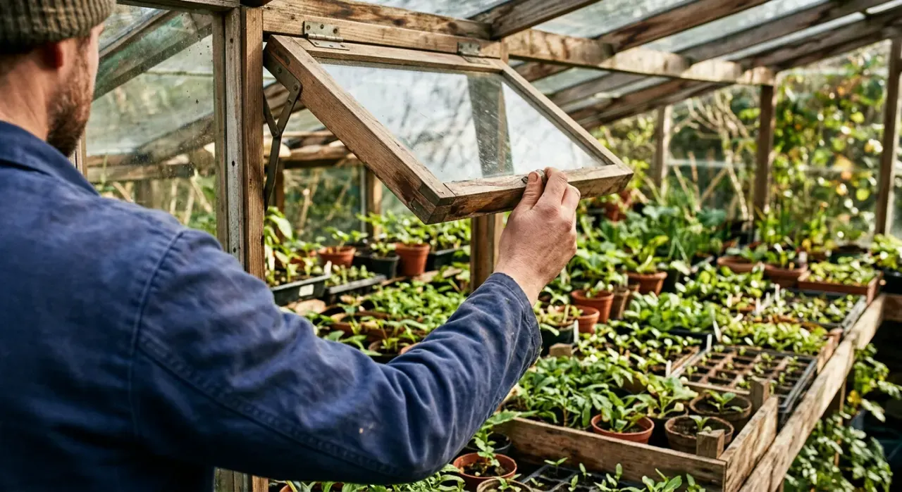 Three-quarter view of a person opening the vent of a backyard greenhouse full of seedlings, in soft early-morning light