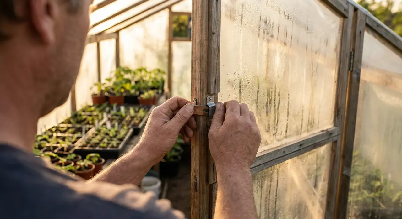 Close-up detail of the material being worked in a greenhouses & season extension project, in warm late-afternoon light