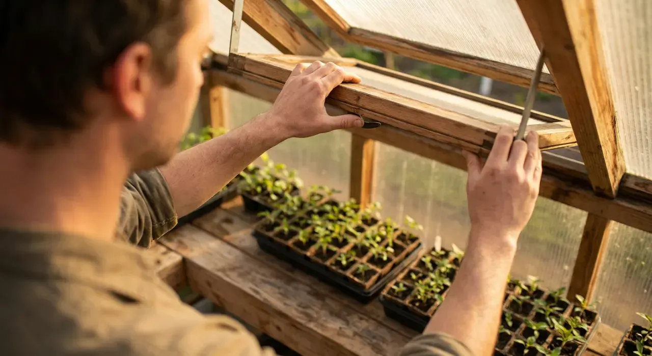 Overhead view of a person opening the vent of a backyard greenhouse full of seedlings, in warm late-afternoon light