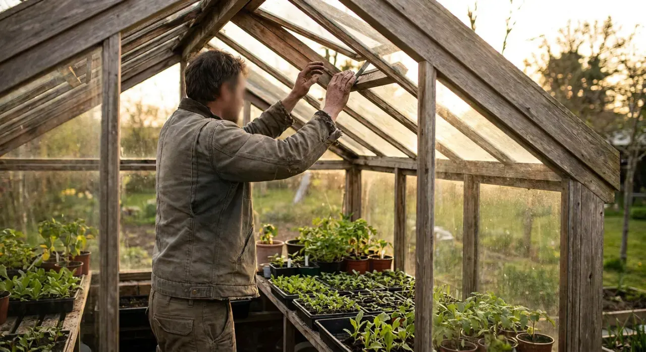 Wide environmental view of a person opening the vent of a backyard greenhouse full of seedlings, in warm late-afternoon light