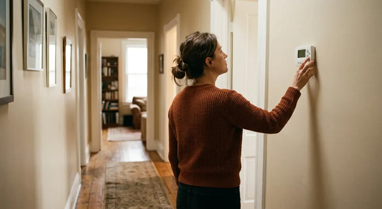 Wide view of a person adjusting a wall thermostat in a warm hallway, in soft early-morning light