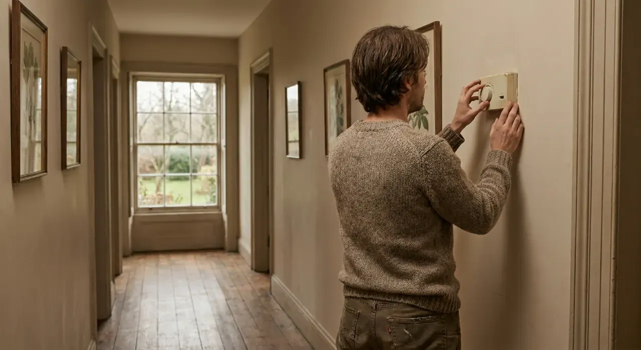Wide view of a person adjusting a wall thermostat in a warm hallway, in soft overcast light