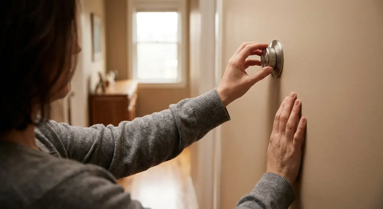 Over-the-shoulder view of a person adjusting a wall thermostat in a warm hallway, in soft overcast light