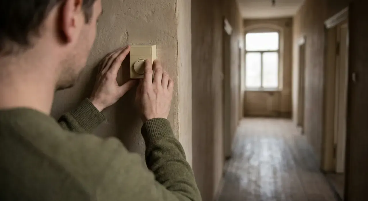Three-quarter view of a person adjusting a wall thermostat in a warm hallway, in soft overcast light